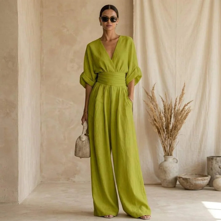 Women's Wrap Front Jumpsuit with V Neck and Wide Leg Design