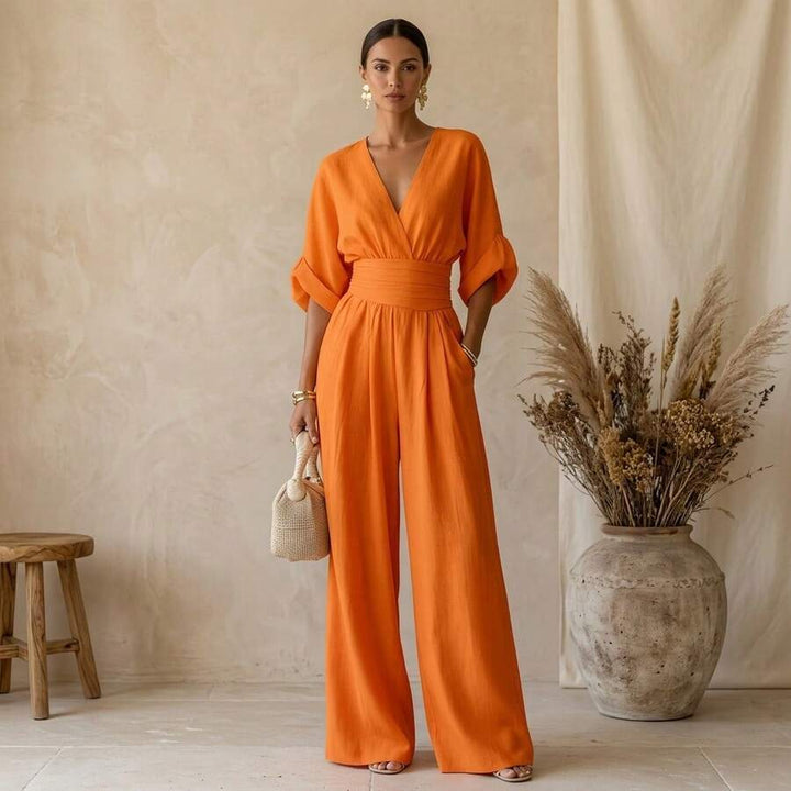 Women's Wrap Front Jumpsuit with V Neck and Wide Leg Design