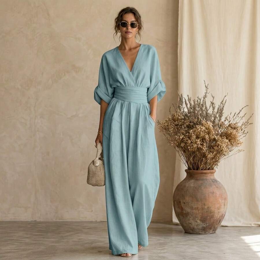 Women's Wrap Front Jumpsuit with V Neck and Wide Leg Design