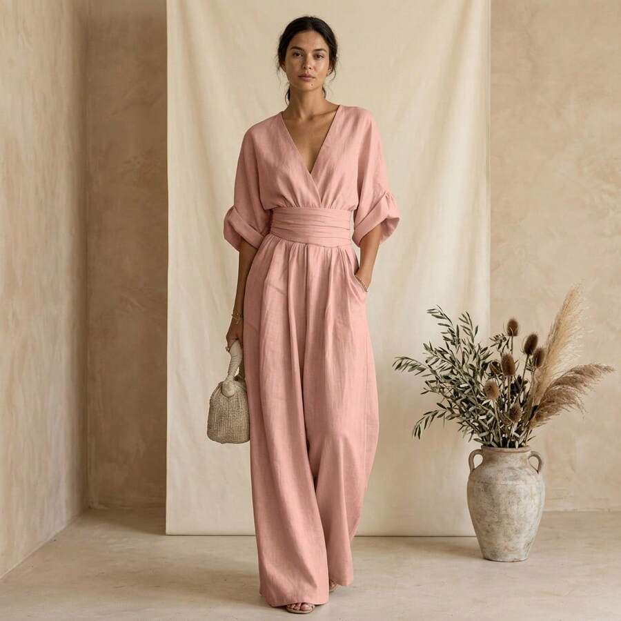 Women's Wrap Front Jumpsuit with V Neck and Wide Leg Design
