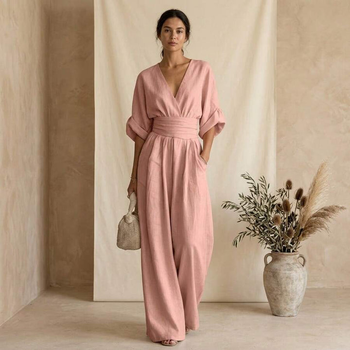 Women's Wrap Front Jumpsuit with V Neck and Wide Leg Design