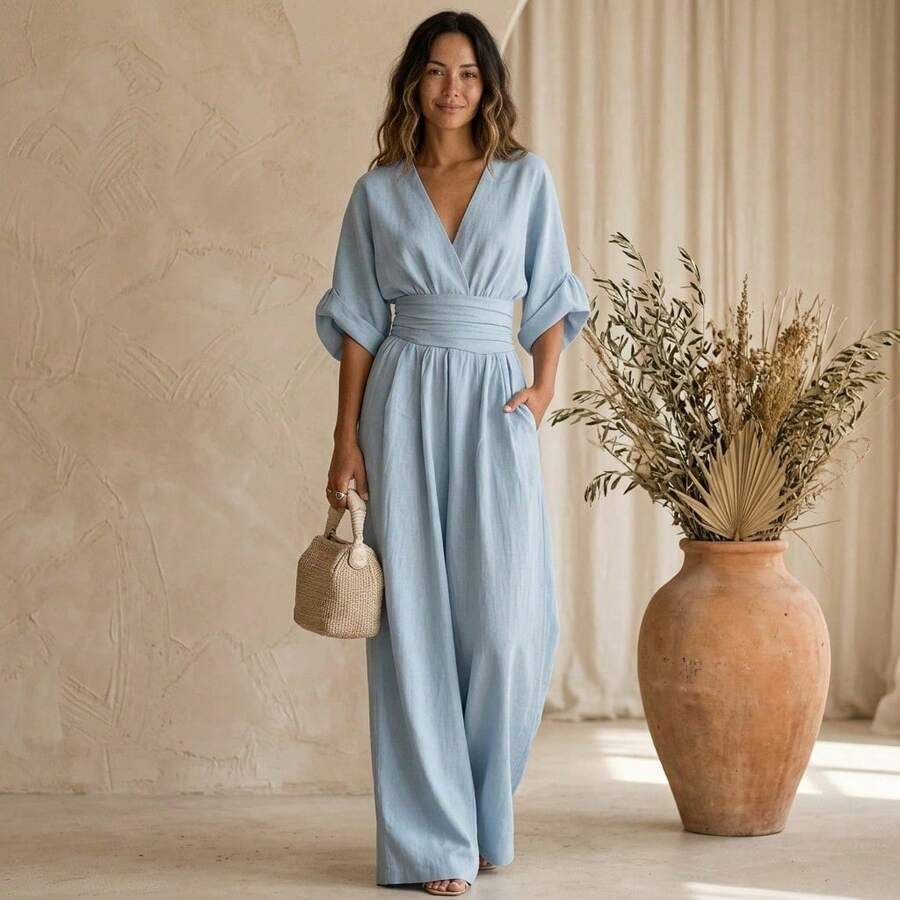 Women's Wrap Front Jumpsuit with V Neck and Wide Leg Design