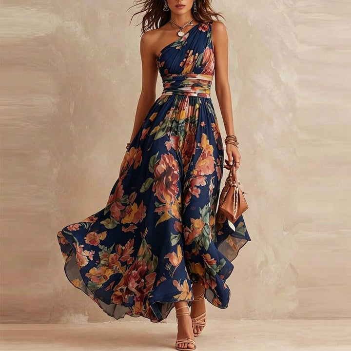 Women's Floral Print Halter Neck Maxi Dress with Flowing Skirt