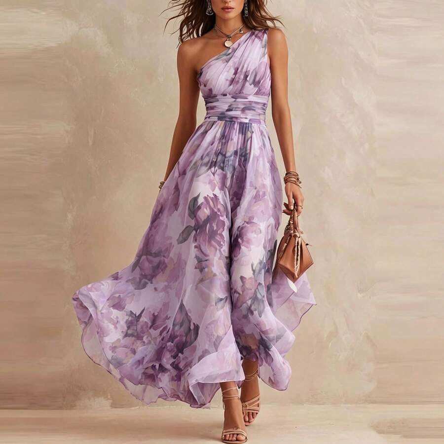 Women's Floral Print Halter Neck Maxi Dress with Flowing Skirt