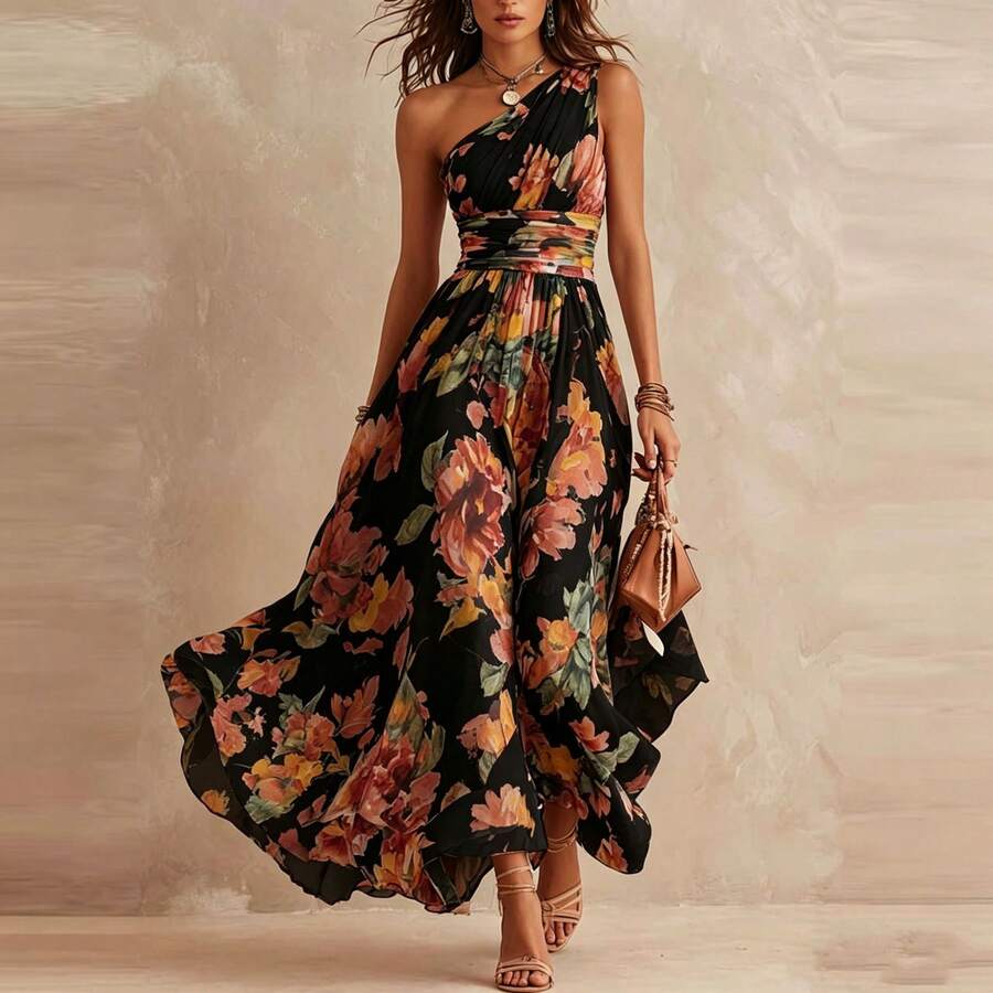 Women's Floral Print Halter Neck Maxi Dress with Flowing Skirt