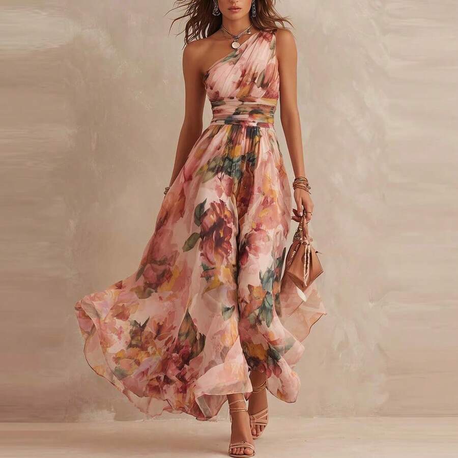Women's Floral Print Halter Neck Maxi Dress with Flowing Skirt