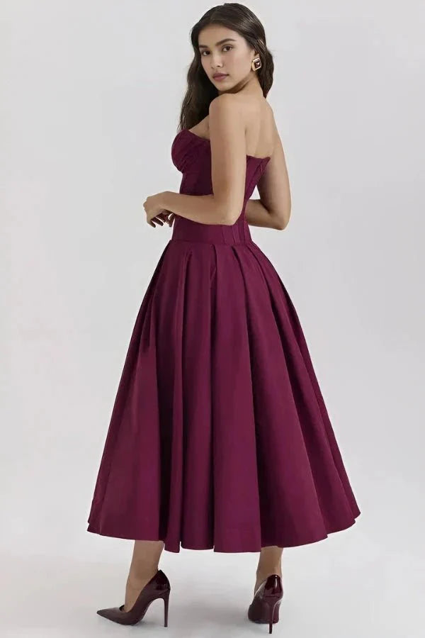 Women's Wedding Guest Corset Midi Dress with Full Skirt