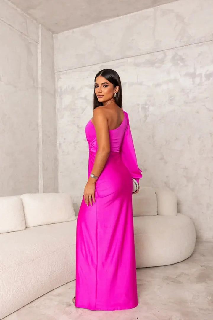 Women's One Shoulder Maxi Dress with Ruched Waist and Thigh Split