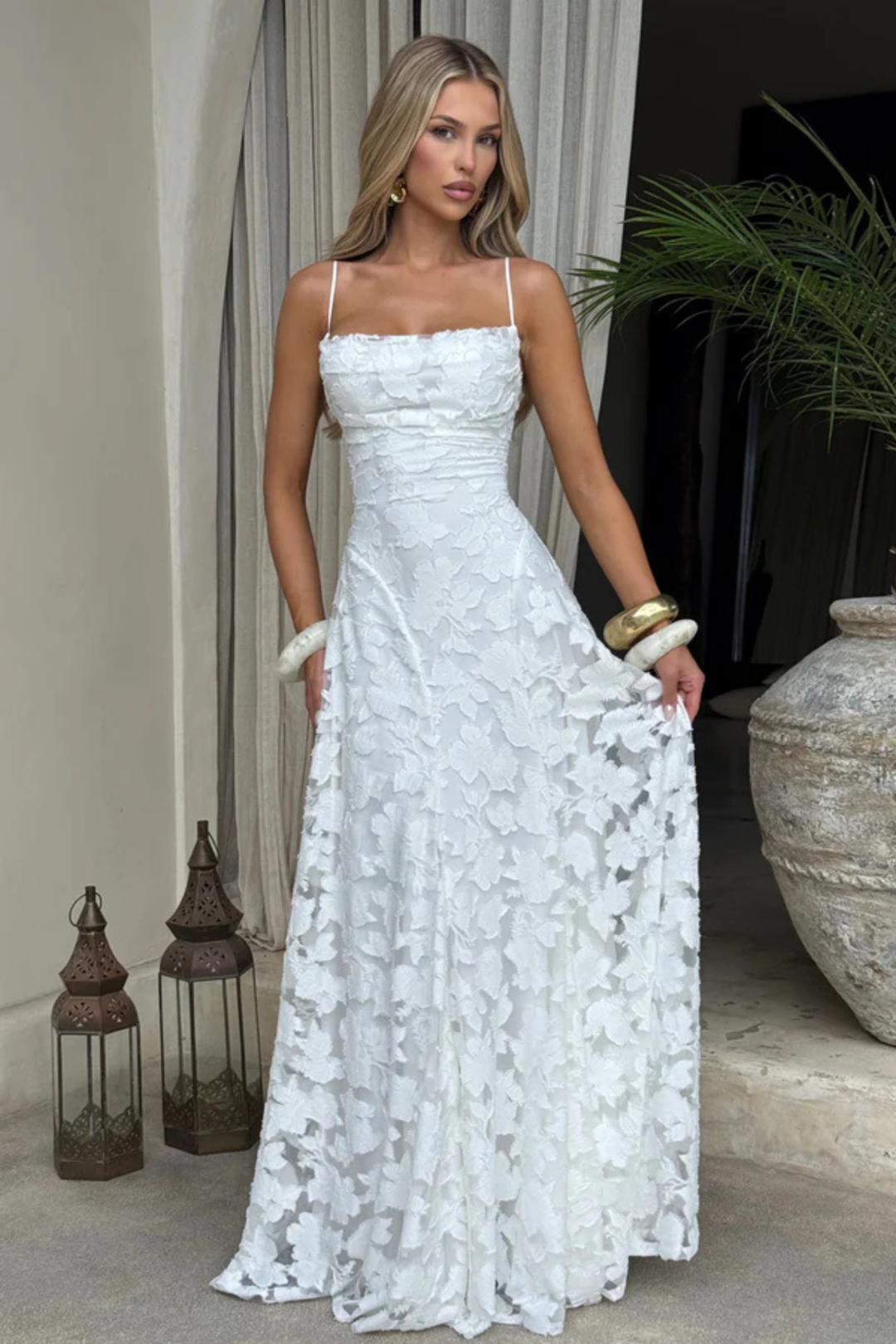 Women's Wedding Guest Maxi Dress with Floral Lace and Square Neckline