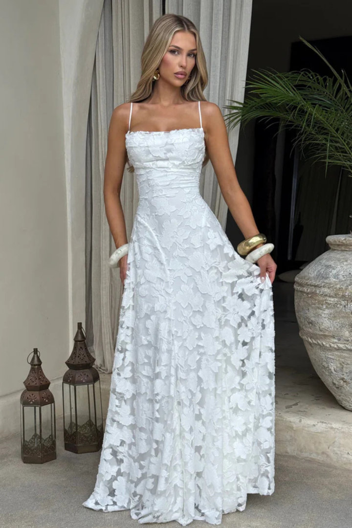 Women's Wedding Guest Maxi Dress with Floral Lace and Square Neckline