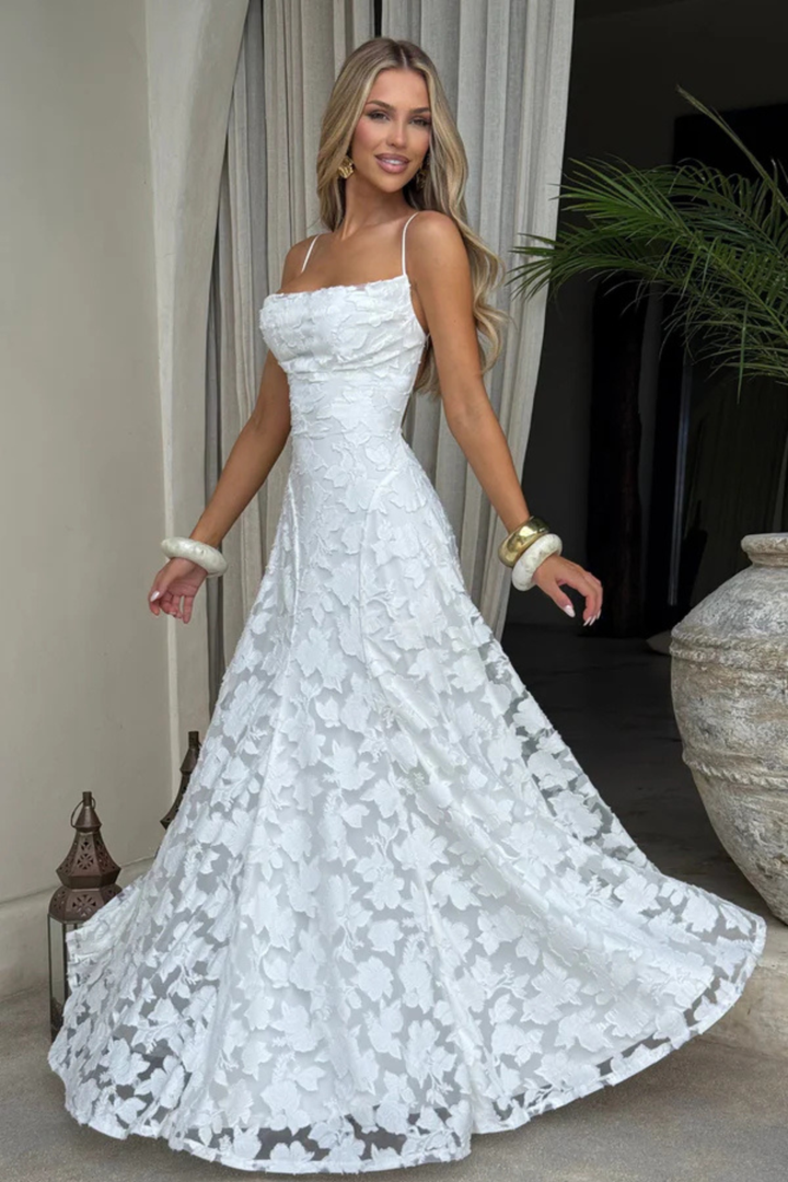 Women's Wedding Guest Maxi Dress with Floral Lace and Square Neckline