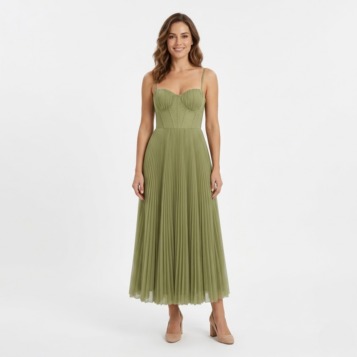 Women's Wedding Guest Strapless Midi Dress with Pleated Skirt
