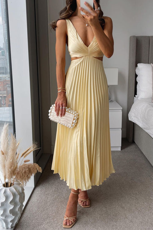 Women's Wedding Guest Midi Dress with V Neck and Pleated Skirt