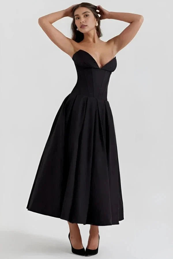 Women's Wedding Guest Corset Midi Dress with Full Skirt