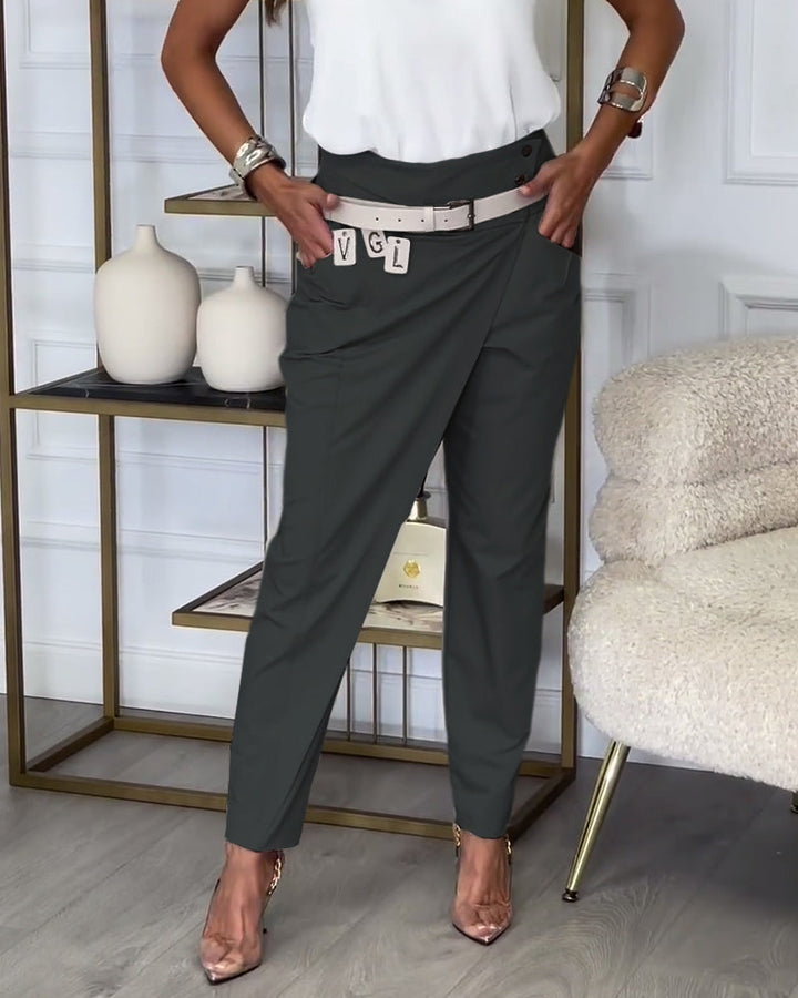Women's Slim Fit Trousers with Mid Rise Waist and Belt Detail
