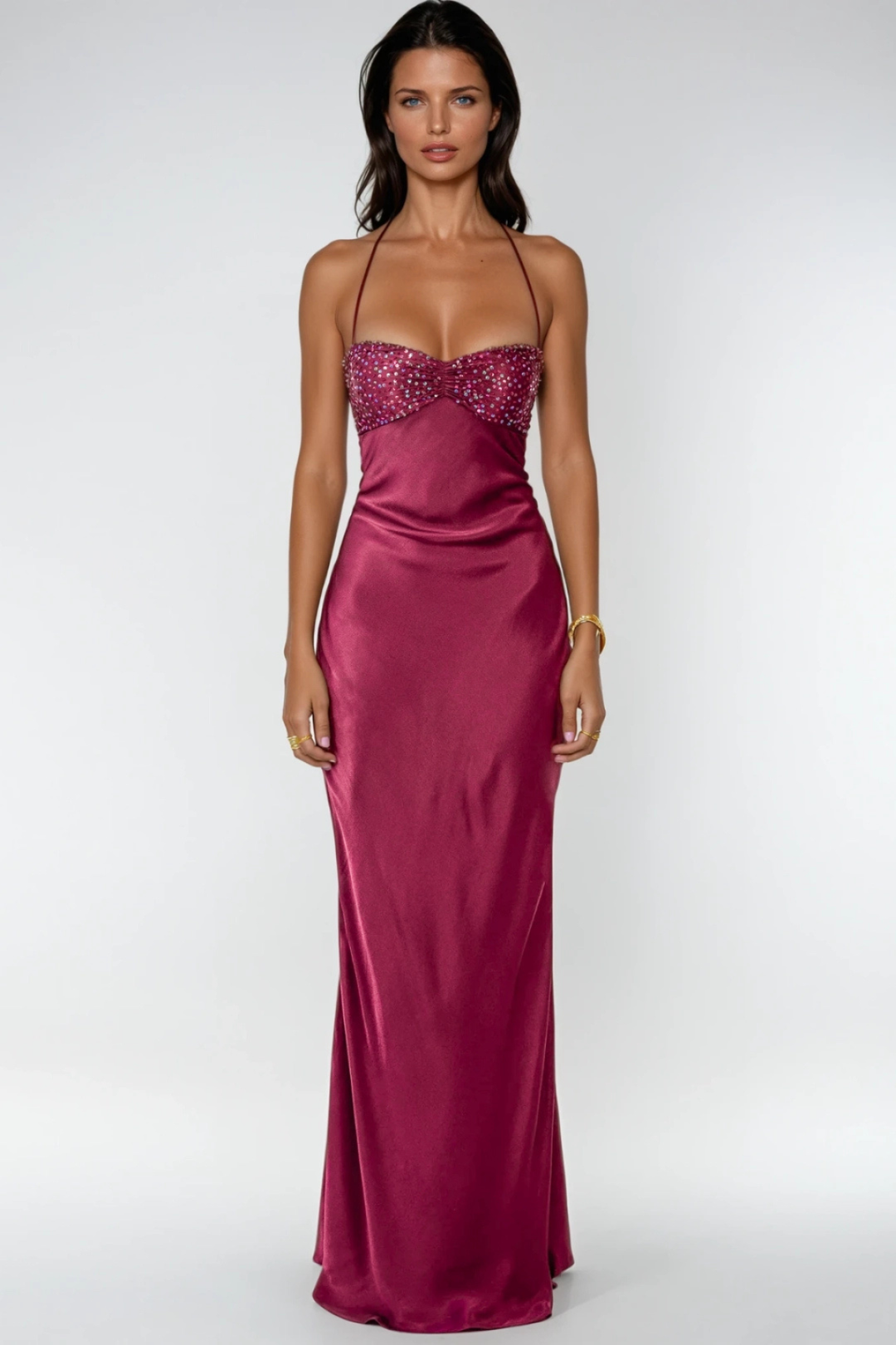 Women's Evening Maxi Dress with Embellished Bodice and Lace Up Back