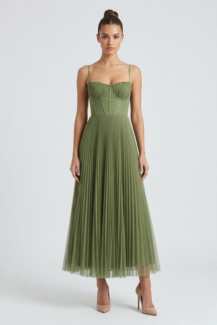 Women's Wedding Guest Midi Dress with Strapless Bodice and Pleated Skirt