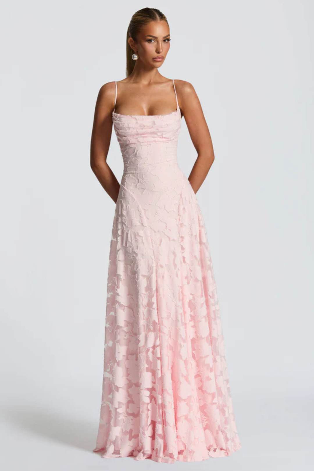 Women's Wedding Guest Maxi Dress with Floral Lace and Square Neckline