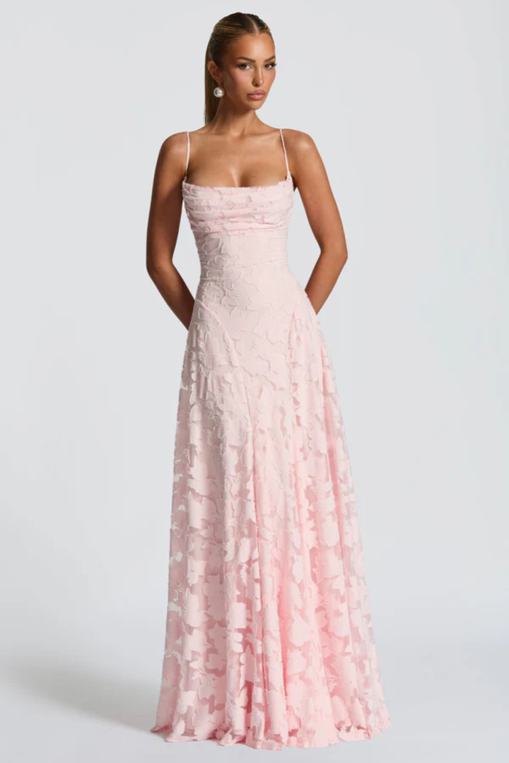 Women's Wedding Guest Maxi Dress with Floral Lace and Square Neckline