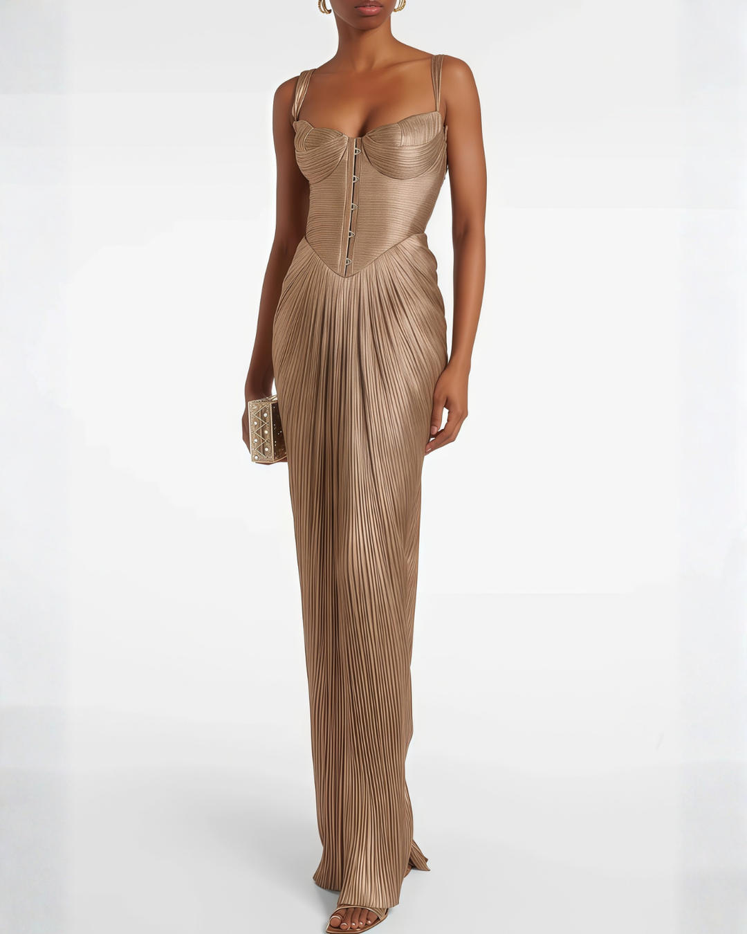 Women's Wedding Guest Maxi Dress with Pleated Bustier and Lace Up Back