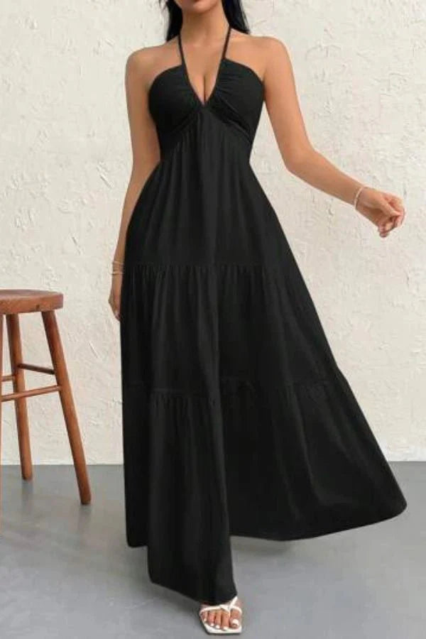 Women's Evening Halter Maxi Dress with Open Back