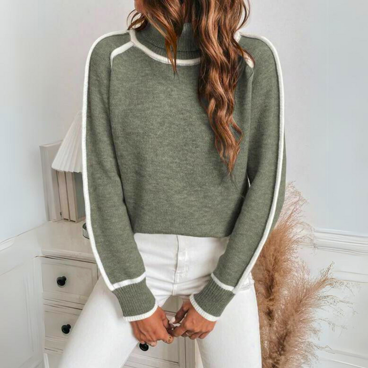 Women's Contrast Trim Knit Jumper with Round Neck and Long Sleeves