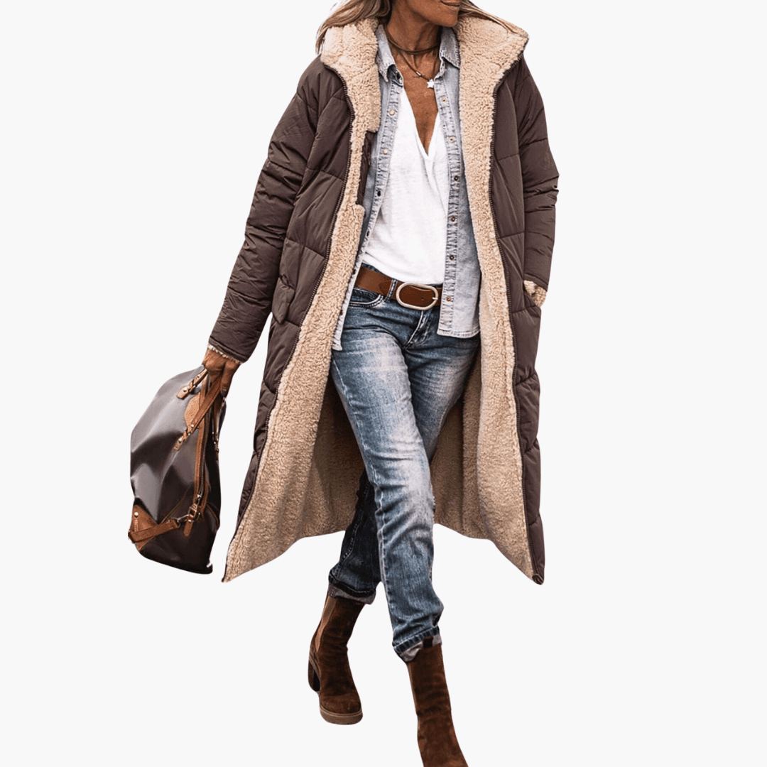 Women's Longline Puffer Coat with Hood and Quilted Design