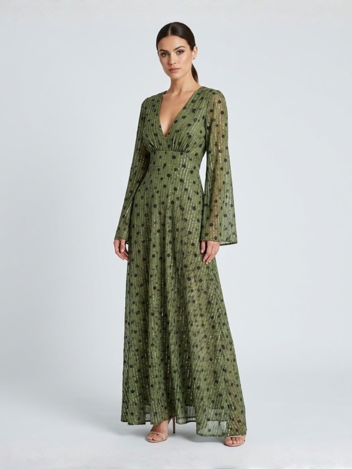 Women's Floral Maxi Dress with V Neck and Long Sleeves