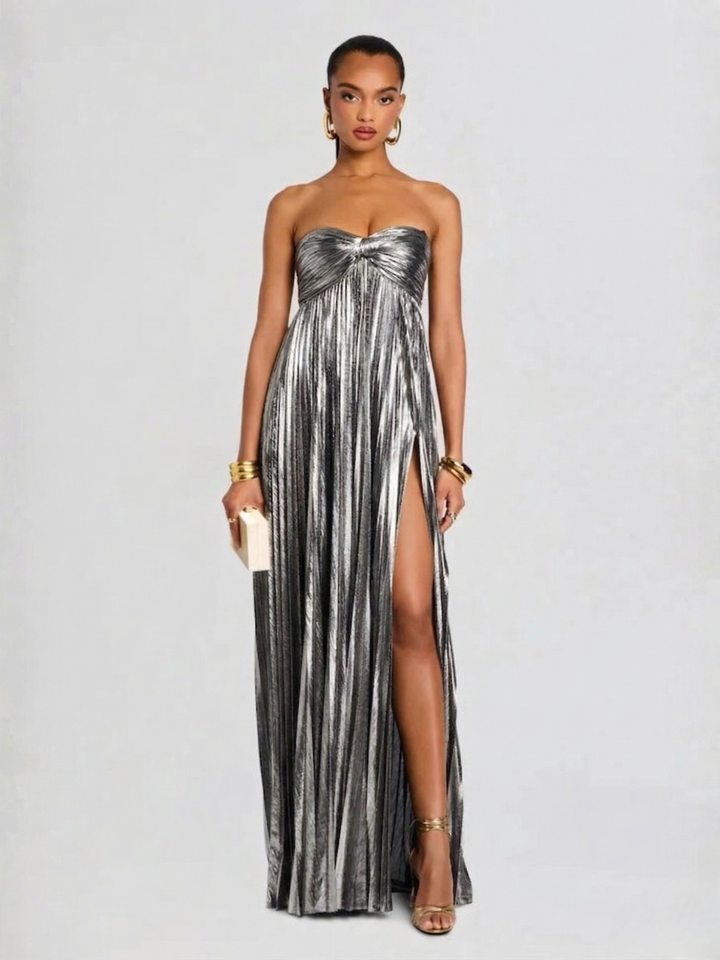 Women's Evening Strapless Maxi Dress with Twisted Bodice and High Slit