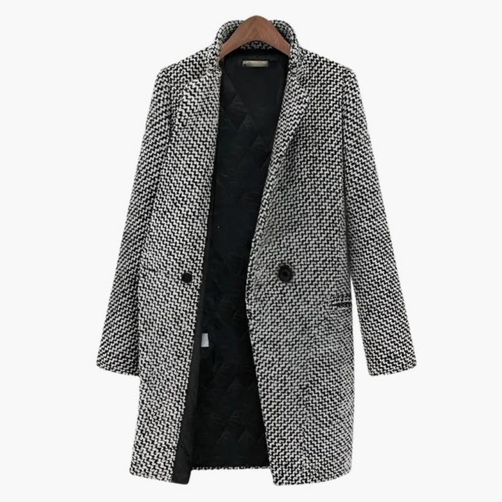 Women's Herringbone Coat with Notch Lapels and Double Breasted Front