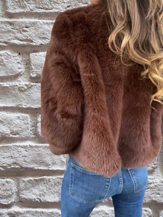Women's Faux Fur Jacket with High Neck and Zip Front