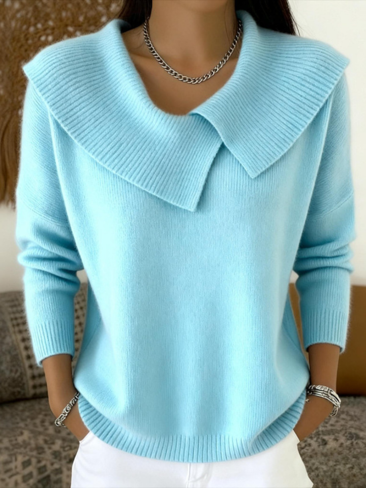 Women's Collared Knit Jumper with V Neck and Long Sleeves