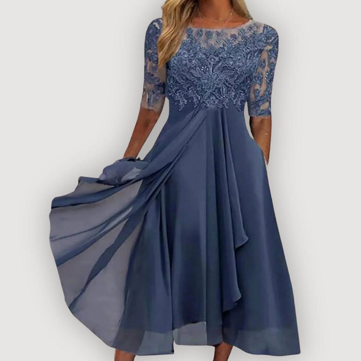 Women's Wedding Guest Chiffon Midi Dress with A Line Skirt