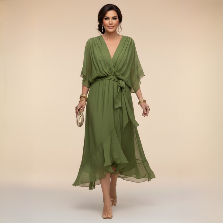 Women's Wedding Guest Midi Dress with V Neck and Flutter Sleeves