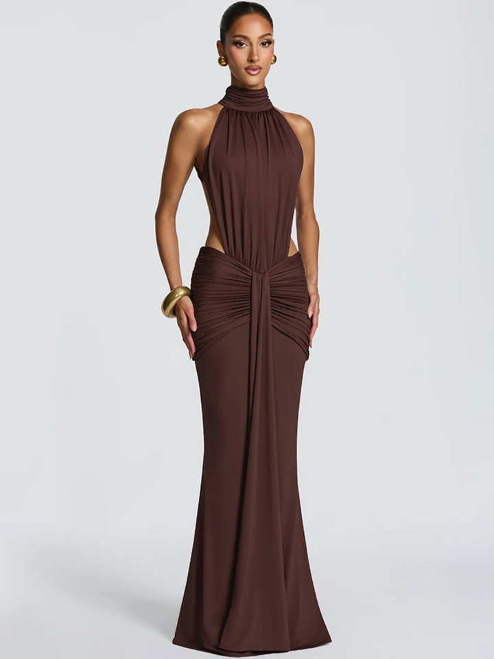 Women's Evening Maxi Dress with Halter Neck and Draped Detail