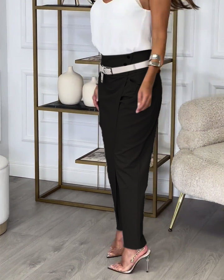 Women's Slim Fit Trousers with Mid Rise Waist and Belt Detail