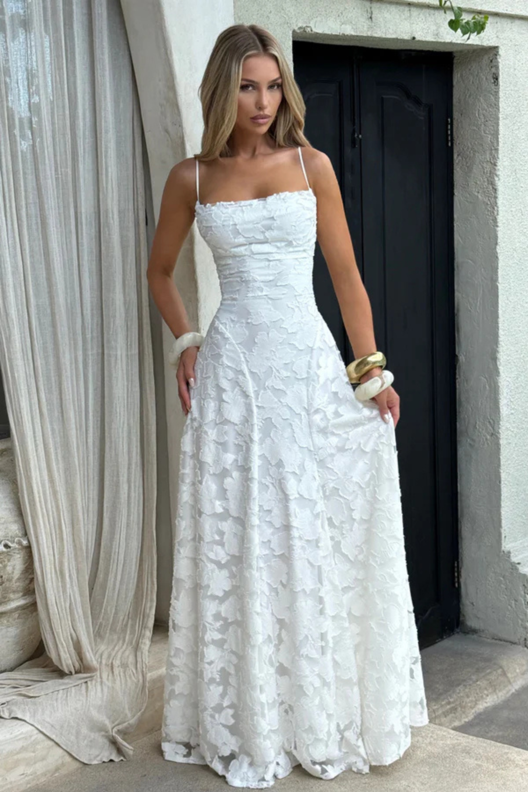 Women's Wedding Guest Maxi Dress with Floral Lace and Square Neckline