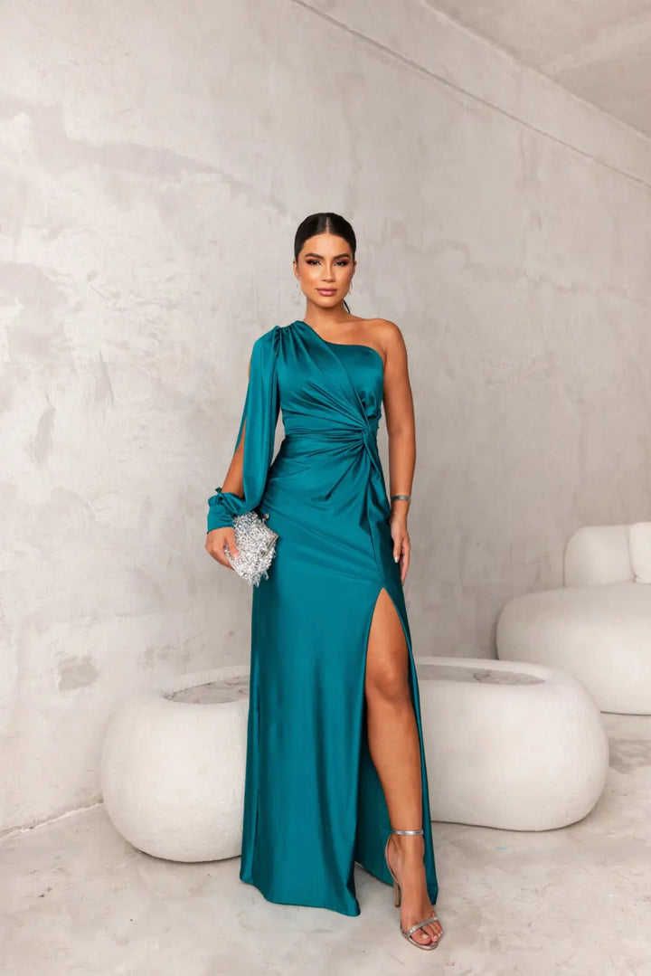 Women's One Shoulder Maxi Dress with Ruched Waist and Thigh Split