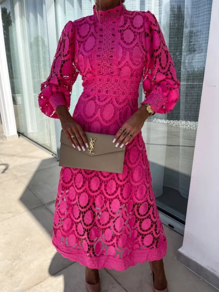 Women's Lace Midi Dress with Long Sleeves and High Neck