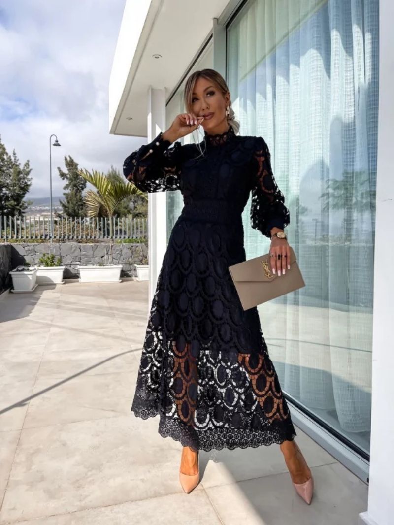 Women's Lace Midi Dress with Long Sleeves and High Neck