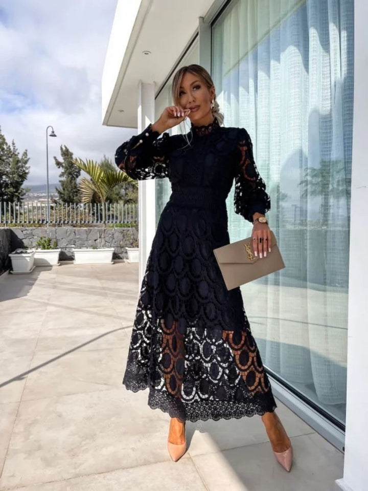 Women's Lace Midi Dress with Long Sleeves and High Neck