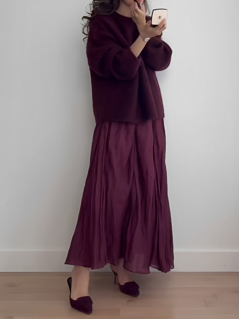 Women's Knitted Co-Ord Set with Long Sleeve Jumper and Pleated Midi Skirt