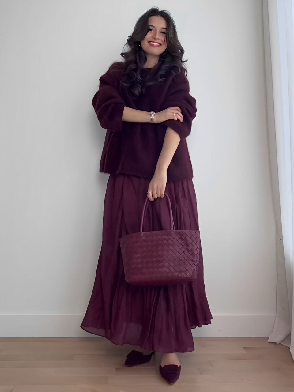Women's Knitted Co-Ord Set with Long Sleeve Jumper and Pleated Midi Skirt