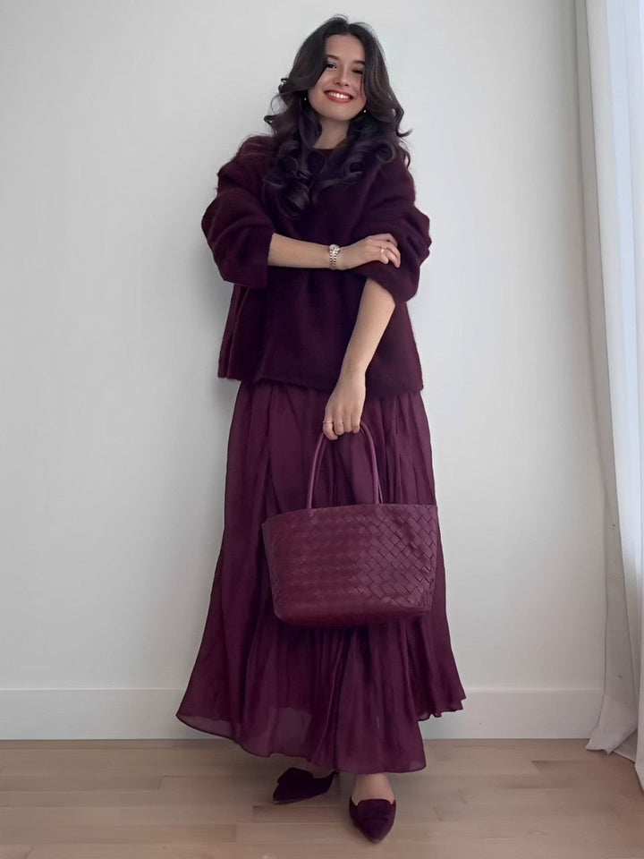Women's Knitted Co-Ord Set with Long Sleeve Jumper and Pleated Midi Skirt