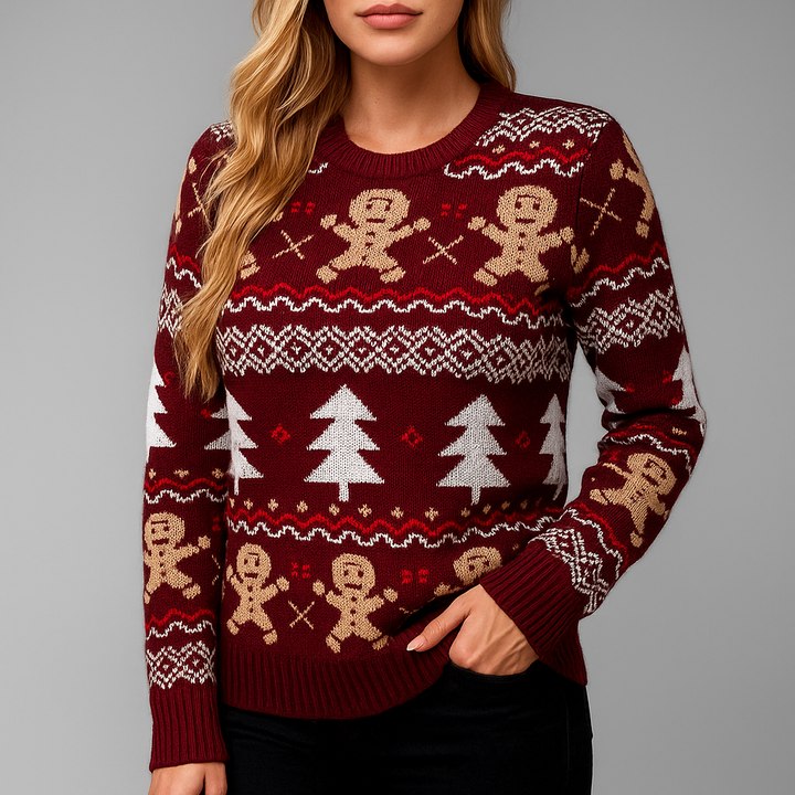 Women's Christmas Knit Jumper with Gingerbread and Christmas Tree Pattern