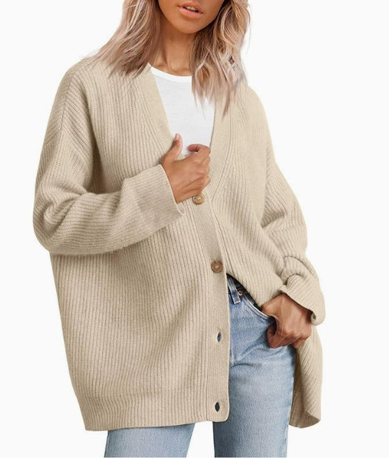 Women's Striped Knit Cardigan with V Neck and Button Front