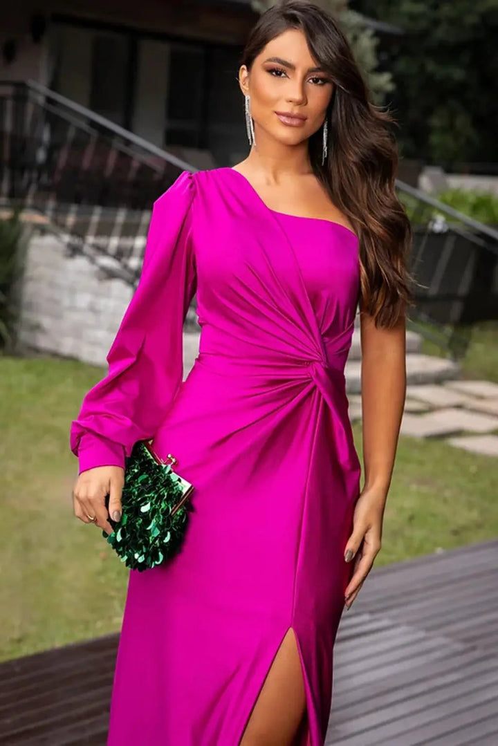 Women's One Shoulder Maxi Dress with Ruched Waist and Thigh Split