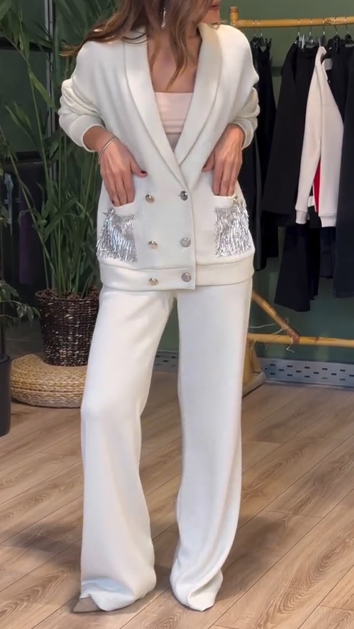 Women's Co Ord Set with Double Breasted Blazer and Wide Leg Trousers