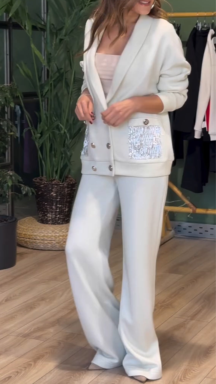 Women's Co Ord Set with Double Breasted Blazer and Wide Leg Trousers