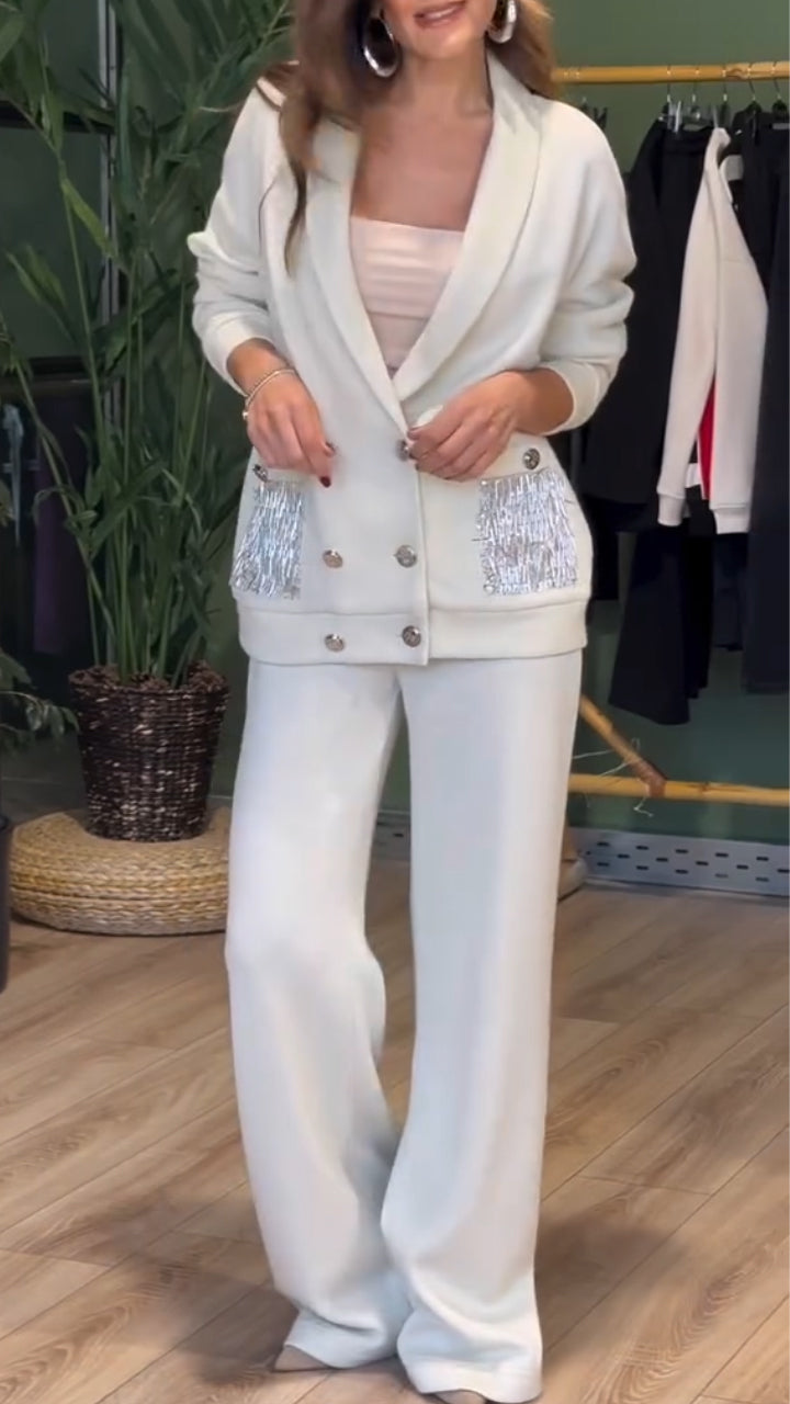 Women's Co Ord Set with Double Breasted Blazer and Wide Leg Trousers